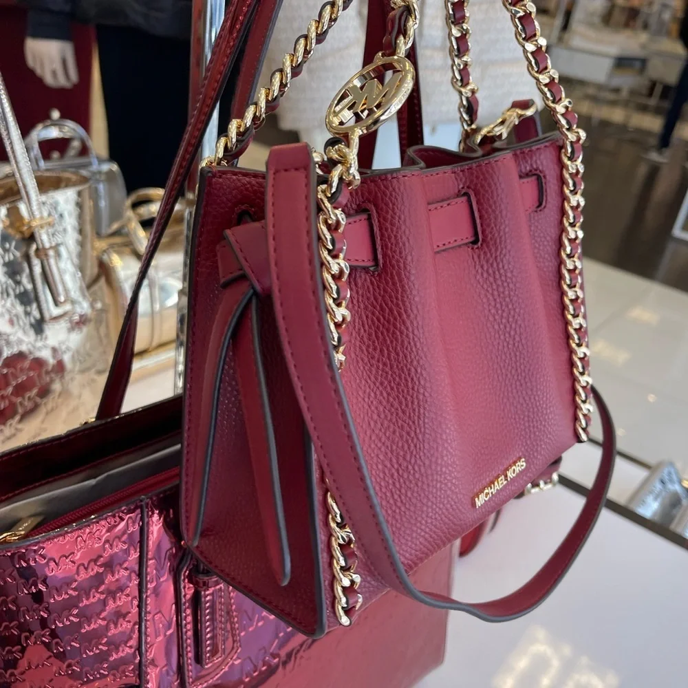 MICHAEL KORS Mina Small Chain Crossbody XBody Bag Belt Chain Inlay Cherry NWT